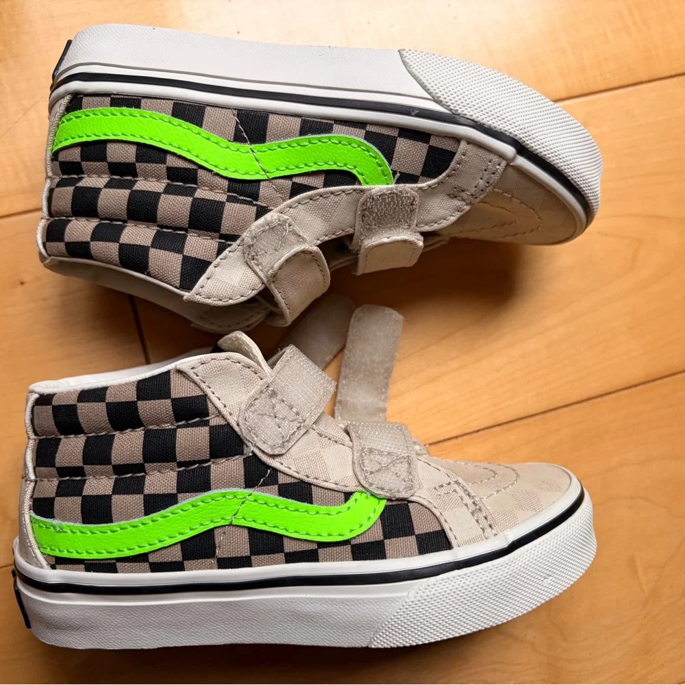 Vans Kids High-Top Checkerboard Sneakers with Neon Green Stripe